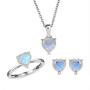 D'Joy 3 Piece Set - Moon Glow Moonstone 4.10 ctw Heartlight Glow Heart Earrings, Ring (Size 8) and Pendant Necklace 20 Inches in Platinum Over Sterling Silver