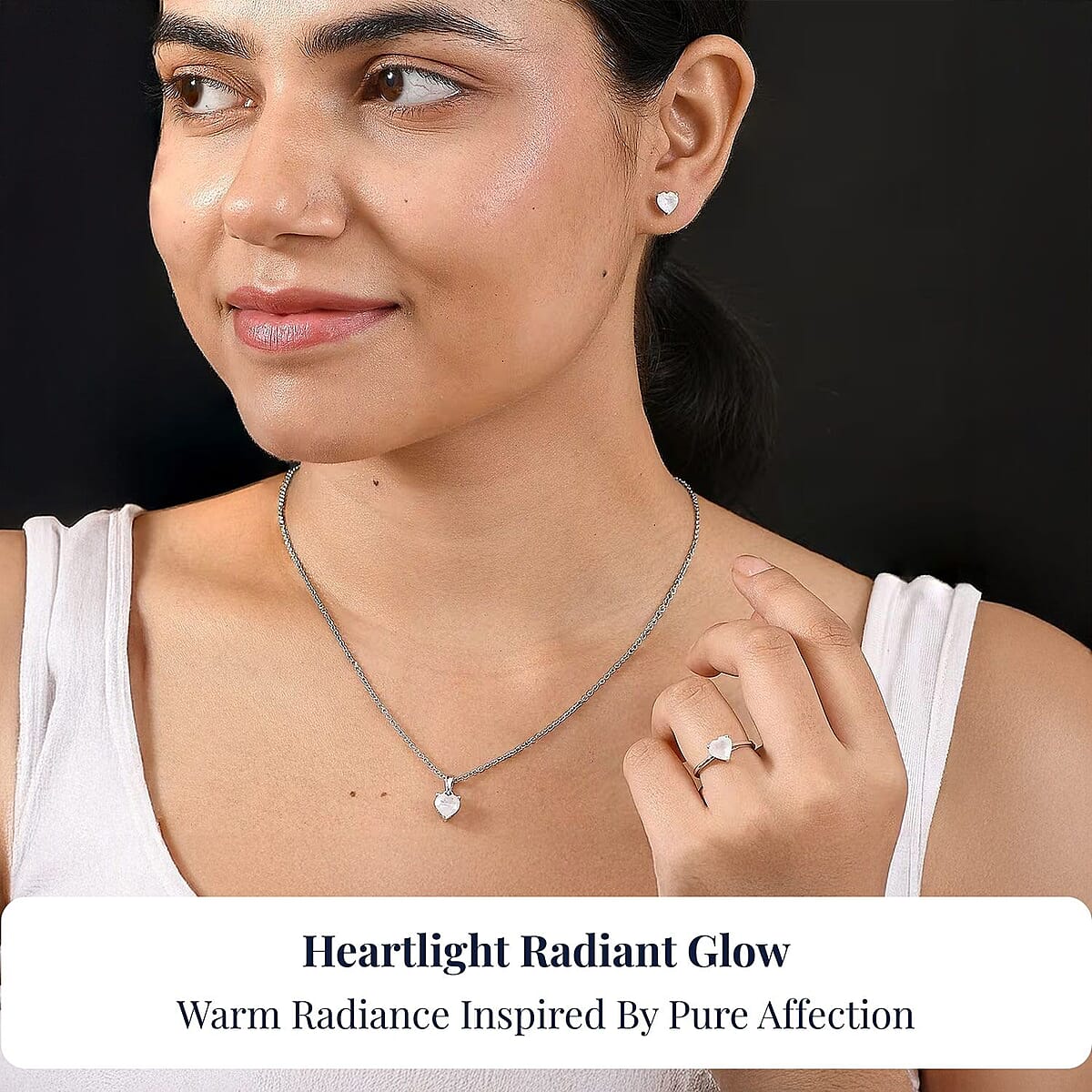 D'Joy 3 Piece Set - Moon Glow Moonstone 4.10 ctw Heartlight Glow Heart Earrings, Ring (Size 8) and Pendant Necklace 20 Inches in Platinum Over Sterling Silver image number 1