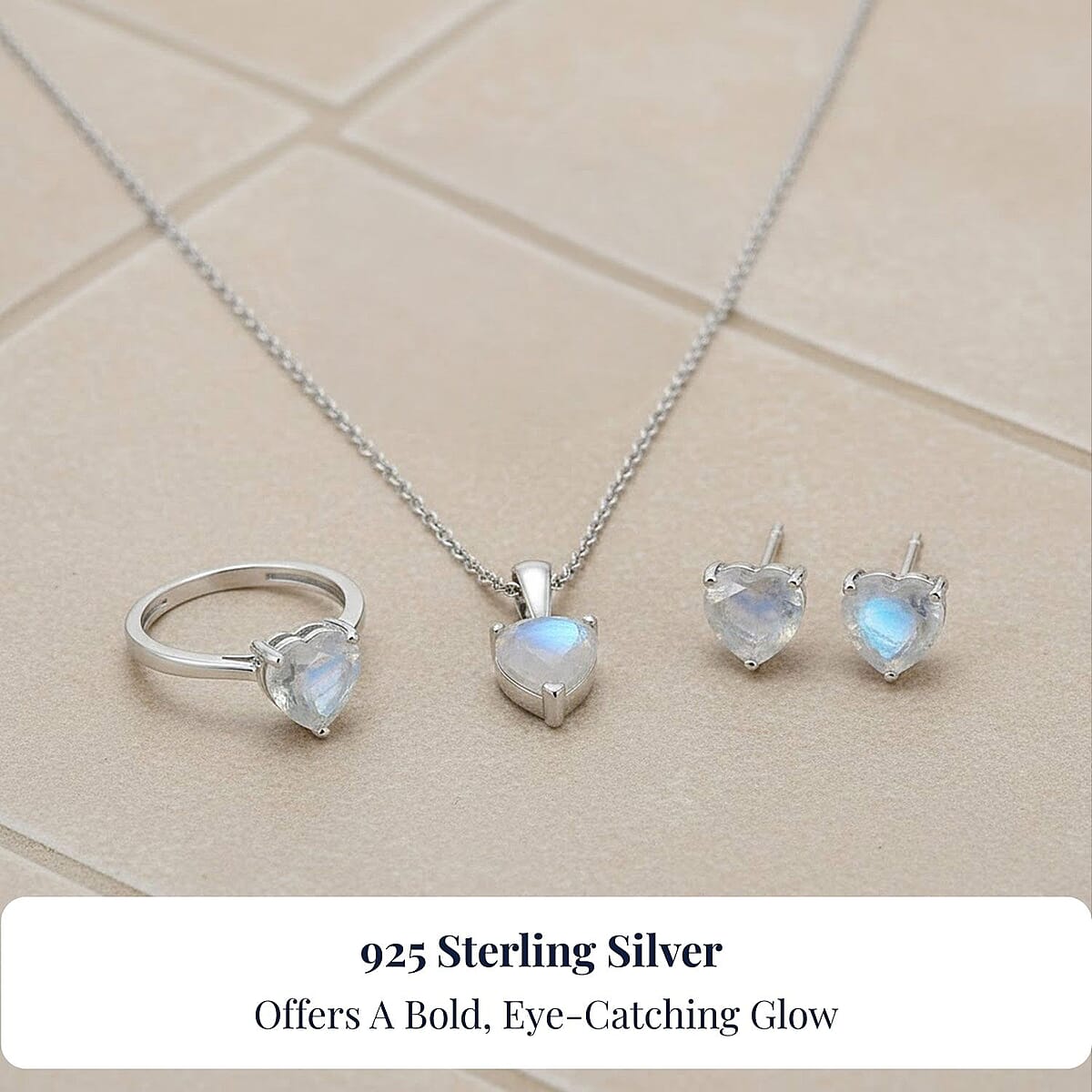 D'Joy 3 Piece Set - Moon Glow Moonstone 4.10 ctw Heartlight Glow Heart Earrings, Ring (Size 8) and Pendant Necklace 20 Inches in Platinum Over Sterling Silver image number 2