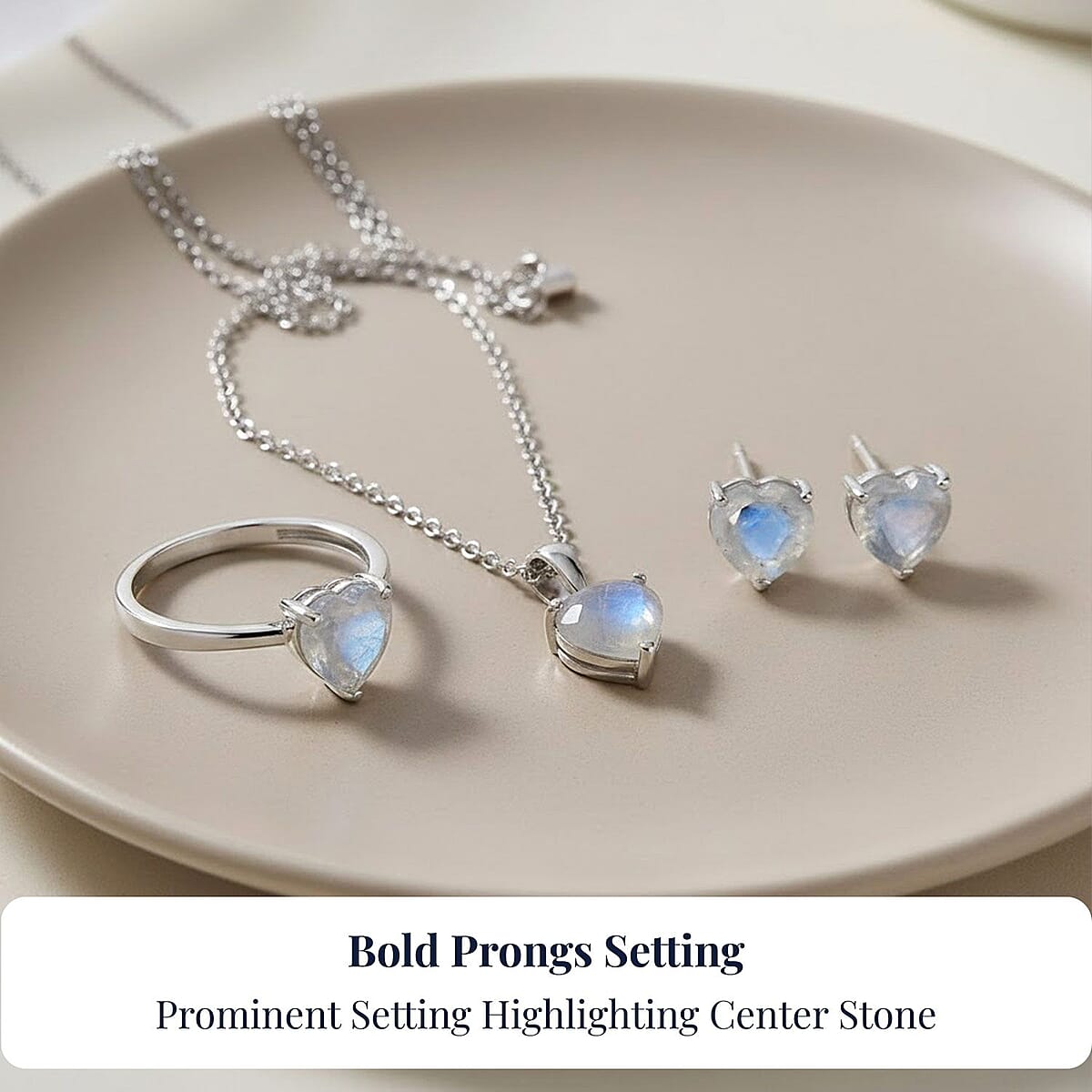 D'Joy 3 Piece Set - Moon Glow Moonstone 4.10 ctw Heartlight Glow Heart Earrings, Ring (Size 8) and Pendant Necklace 20 Inches in Platinum Over Sterling Silver image number 3