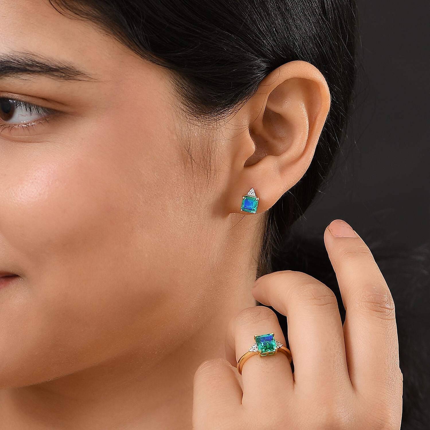 D'Joy Peacock Quartz and White Zircon 6.15 ctw Ring (Size 5.50) and Earrings in 18K Vermeil Yellow Gold Over Sterling Silver