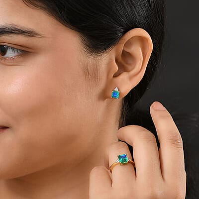 D'Joy Peacock Quartz and White Zircon 6.15 ctw Ring (Size 5.50) and Earrings in 18K Vermeil Yellow Gold Over Sterling Silver
