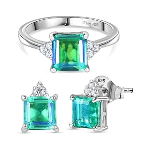 Peacock Triplet Quartz and White Zircon Ring (10.0) and 6.14 ctw Earrings in Platinum Over Sterling Silver