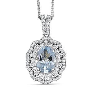 D'Joy Premium Mangoro Aquamarine and Moissanite 2.40 ctw Pendant Necklace in Rhodium Over Sterling Silver 20 Inches