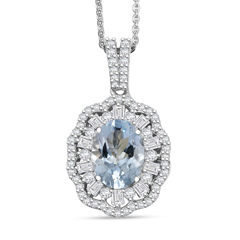 D'Joy Premium Mangoro Aquamarine and Moissanite 2.40 ctw Blooming Floral Pendant Necklace in Rhodium Over Sterling Silver 20 Inches