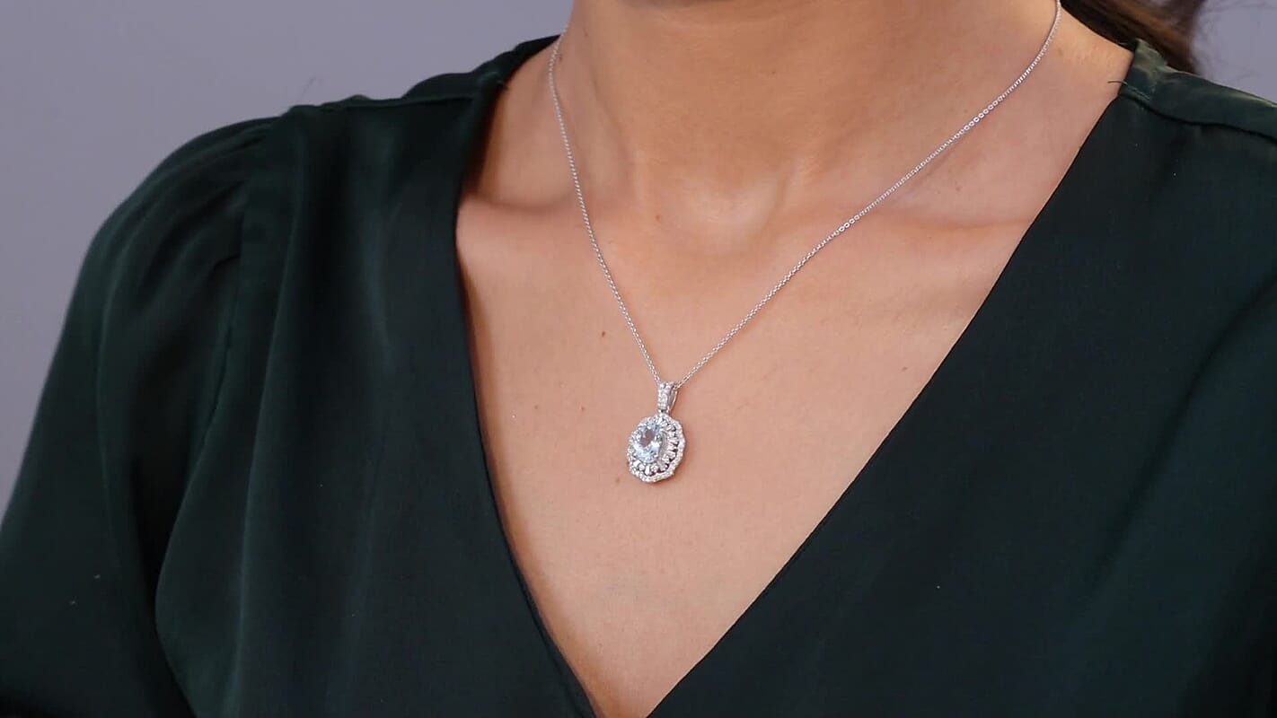 D'Joy Premium Mangoro Aquamarine and Moissanite 2.40 ctw Pendant Necklace in Rhodium Over Sterling Silver 20 Inches