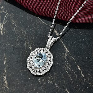 D'Joy Premium Mangoro Aquamarine and Moissanite 2.40 ctw Blooming Floral Pendant Necklace in Rhodium Over Sterling Silver 20 Inches
