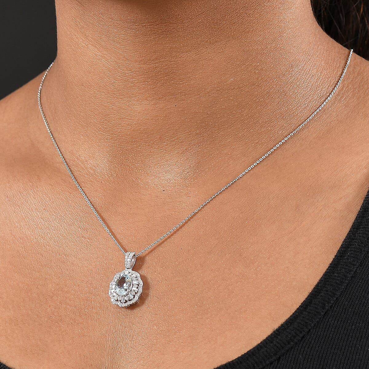 D'Joy Premium Mangoro Aquamarine and Moissanite 2.40 ctw Pendant Necklace in Rhodium Over Sterling Silver 20 Inches image number 2