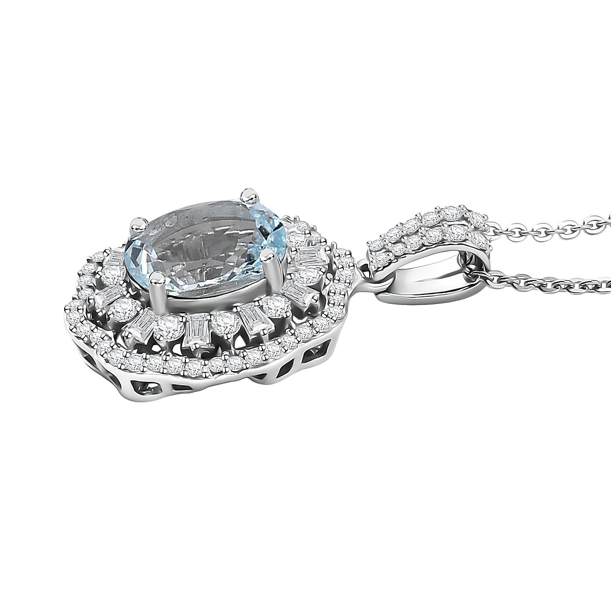 D'Joy Premium Mangoro Aquamarine and Moissanite 2.40 ctw Pendant Necklace in Rhodium Over Sterling Silver 20 Inches image number 3