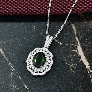 D'Joy Premium Chrome Diopside and Moissanite 2.65 ctw Blooming Floral Pendant Necklace in Rhodium Over Sterling Silver 20 Inches