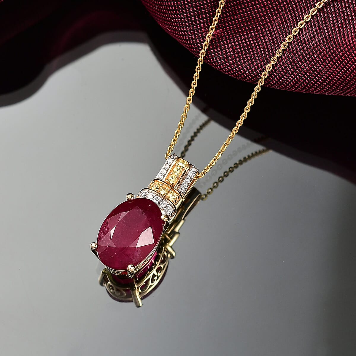 D'Joy Premium Niassa Ruby (FF) and Multi Gemstone 9.50 ctw Crimson Flower Pendant Necklace in 18K Vermeil Yellow Gold Over Sterling Silver 20 Inches image number 1