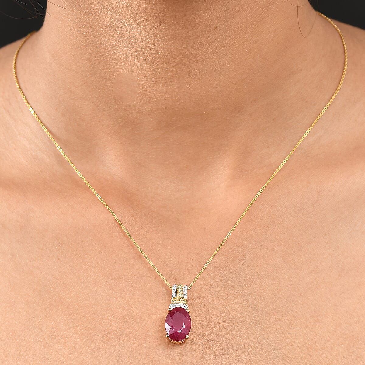 D'Joy Premium Niassa Ruby (FF) and Multi Gemstone 9.50 ctw Crimson Flower Pendant Necklace in 18K Vermeil Yellow Gold Over Sterling Silver 20 Inches image number 2