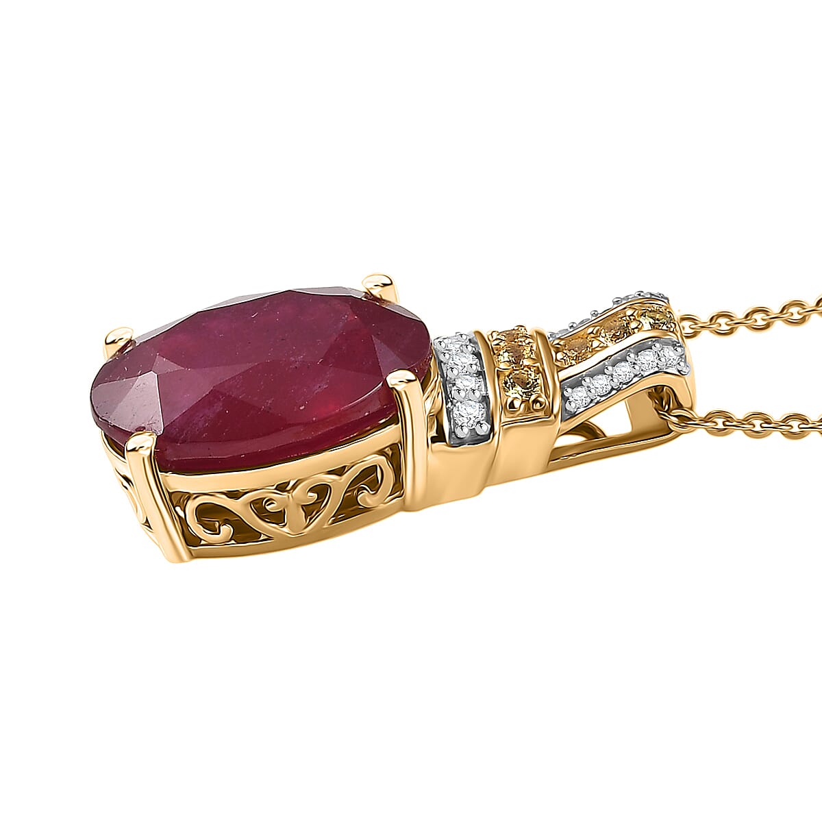 D'Joy Premium Niassa Ruby (FF) and Multi Gemstone 9.50 ctw Crimson Flower Pendant Necklace in 18K Vermeil Yellow Gold Over Sterling Silver 20 Inches image number 3