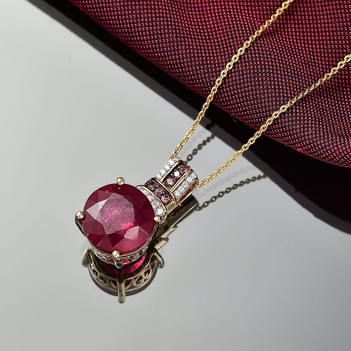 D'Joy Premium Niassa Ruby (FF) and Multi Gemstone 10.10 ctw Crimson Flower Pendant Necklace in 18K Vermeil Yellow Gold Over Sterling Silver 20 Inches image number 1