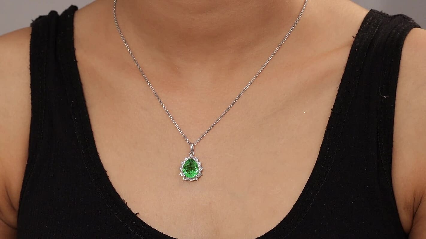 D'Joy Chartreuse Quartz (Triplet) and White Zircon 5.15 ctw Leaves Pendant in Platinum Over Sterling Silver with Stainless Steel Necklace 20 Inches