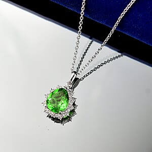 D'Joy Chartreuse Quartz (Triplet) and White Zircon 5.15 ctw Leaves Pendant in Platinum Over Sterling Silver with Stainless Steel Necklace 20 Inches