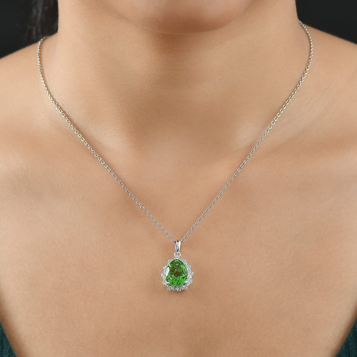 D'Joy Chartreuse Quartz (Triplet) and White Zircon 5.15 ctw Leaves Pendant in Platinum Over Sterling Silver with Stainless Steel Necklace 20 Inches image number 2