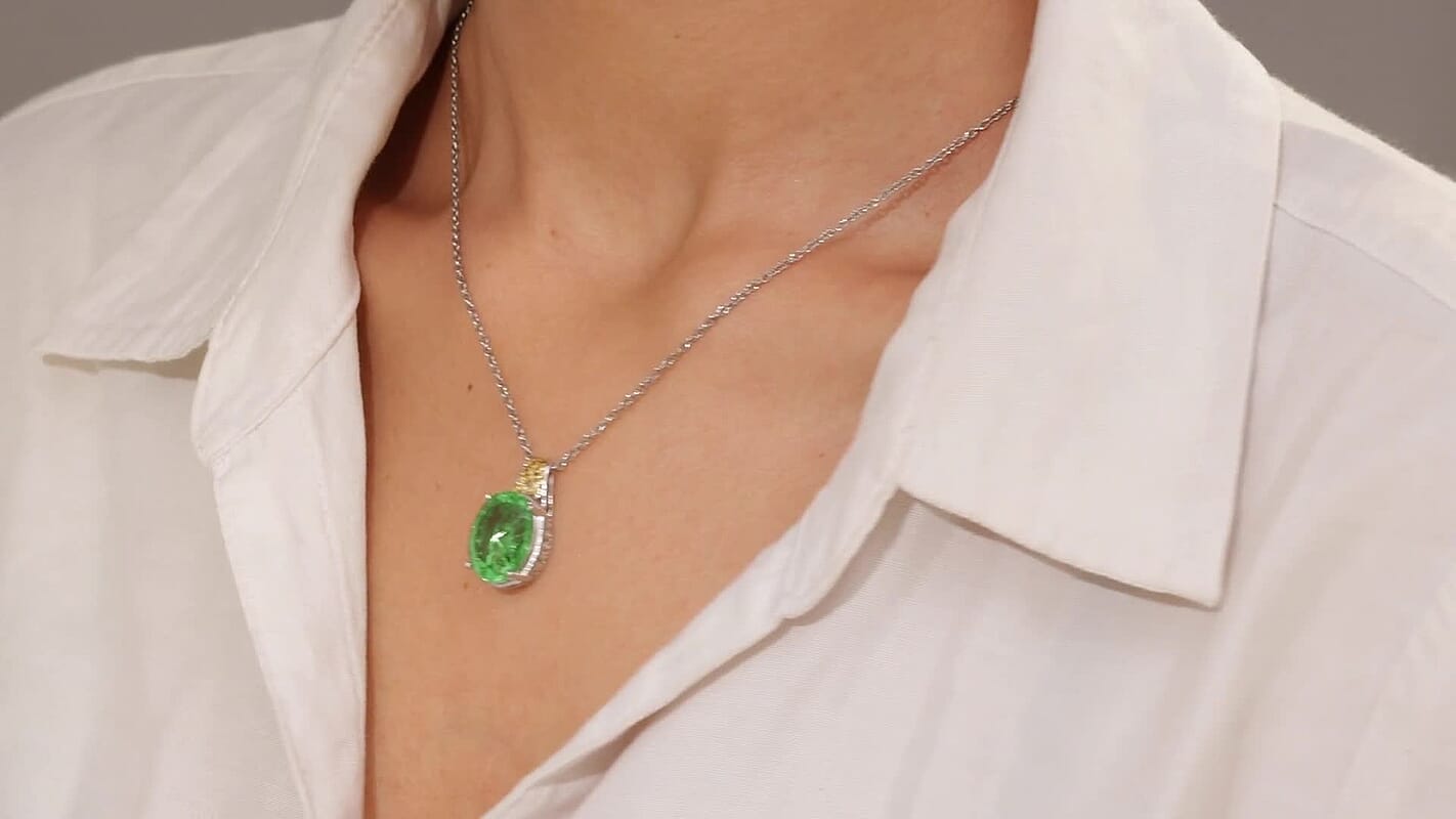 EverTrue Chartreuse Quartz and White Zircon 9.80 ctw Floral Pendant in 18K YG Plated and Platinum Bond with Stainless Steel Necklace 20 Inches