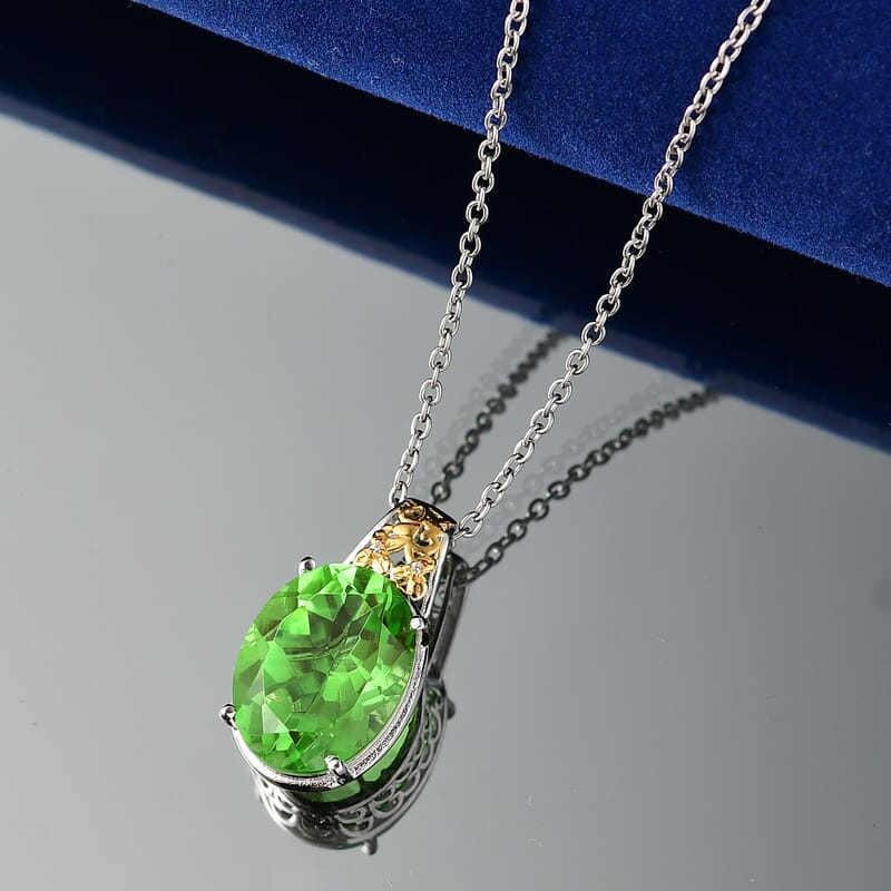 EverTrue Chartreuse Quartz and White Zircon 9.80 ctw Floral Pendant in 18K YG Plated and Platinum Bond with Stainless Steel Necklace 20 Inches