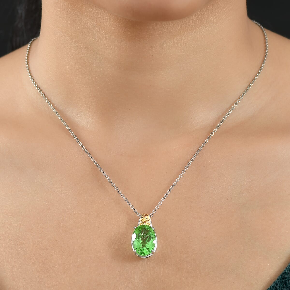 Ever True Chartreuse Quartz and White Zircon 9.80 ctw Floral Pendant in 18K YG Plated and Platinum Bond with Stainless Steel Necklace 20 Inches image number 2