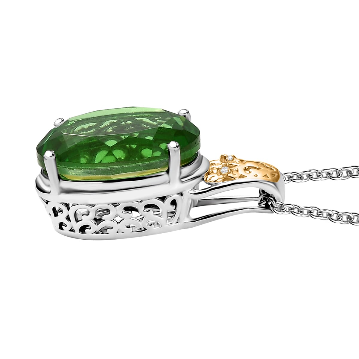 Ever True Chartreuse Quartz and White Zircon 9.80 ctw Floral Pendant in 18K YG Plated and Platinum Bond with Stainless Steel Necklace 20 Inches image number 3