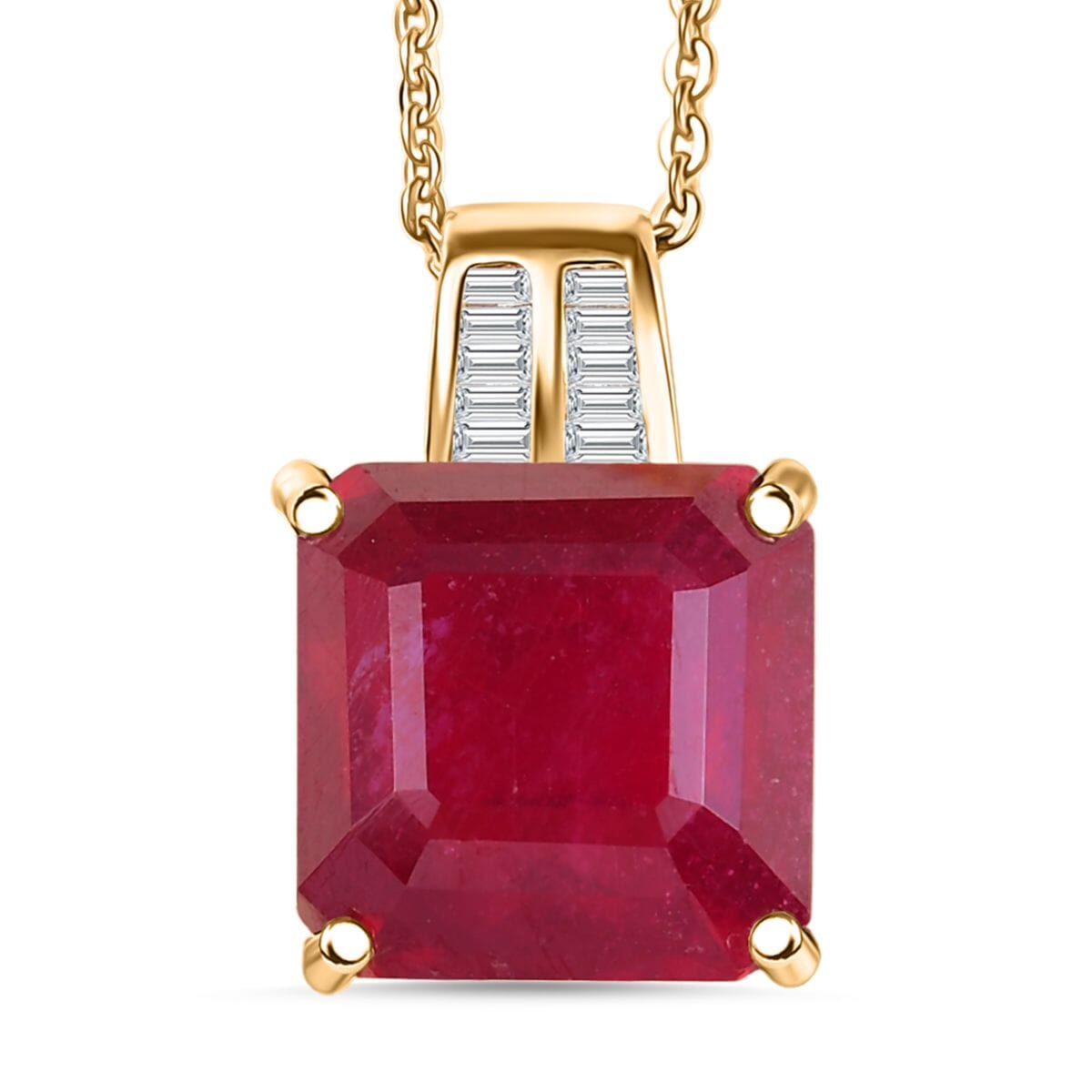 D'Joy Asscher Cut Niassa Ruby (FF) and Diamond 7.70 ctw Pendant Necklace 20 Inches in 18K Vermeil Yellow Gold Over Sterling Silver image number 0