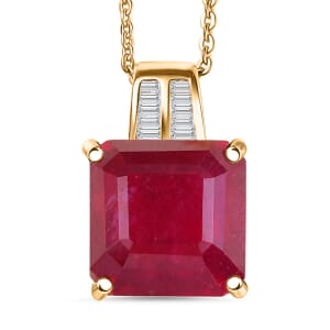 D'Joy Asscher Cut Niassa Ruby (FF) and Diamond 7.70 ctw Pendant Necklace 20 Inches in 18K Vermeil Yellow Gold Over Sterling Silver