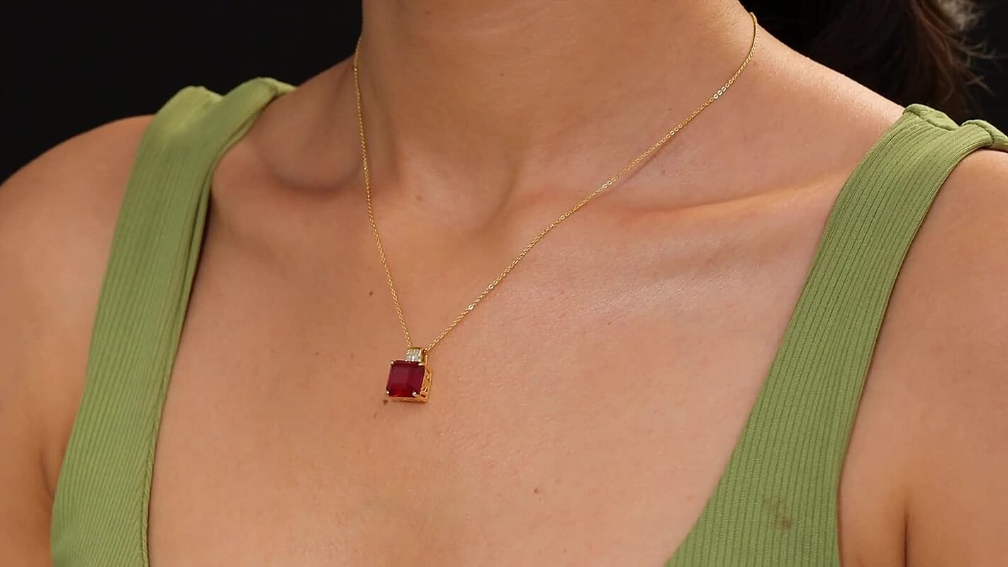 D'Joy Asscher Cut Niassa Ruby (FF) and Diamond 7.70 ctw Art Deco Pendant Necklace 20 Inches in 18K Vermeil Yellow Gold Over Sterling Silver