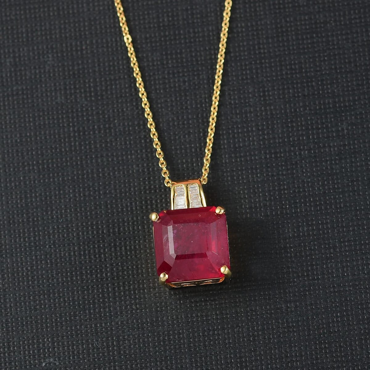 D'Joy Asscher Cut Niassa Ruby (FF) and Diamond 7.70 ctw Pendant Necklace 20 Inches in 18K Vermeil Yellow Gold Over Sterling Silver image number 1