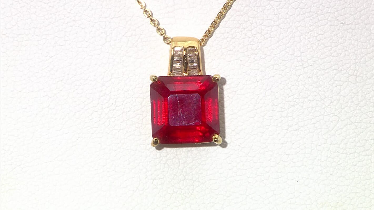 D'Joy Asscher Cut Niassa Ruby (FF) and Diamond 7.70 ctw Art Deco Pendant Necklace 20 Inches in 18K Vermeil Yellow Gold Over Sterling Silver