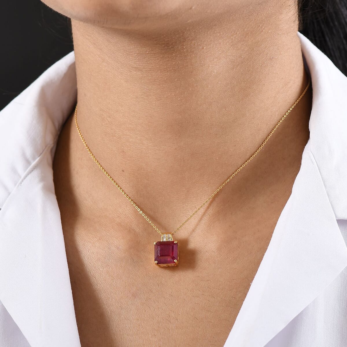 D'Joy Asscher Cut Niassa Ruby (FF) and Diamond 7.70 ctw Pendant Necklace 20 Inches in 18K Vermeil Yellow Gold Over Sterling Silver image number 2