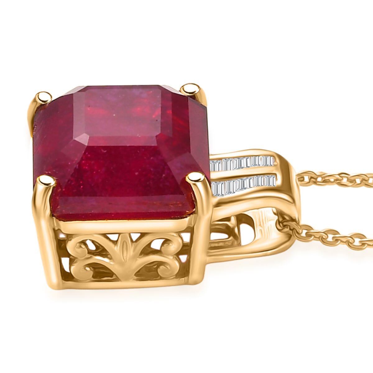 D'Joy Asscher Cut Niassa Ruby (FF) and Diamond 7.70 ctw Pendant Necklace 20 Inches in 18K Vermeil Yellow Gold Over Sterling Silver image number 3