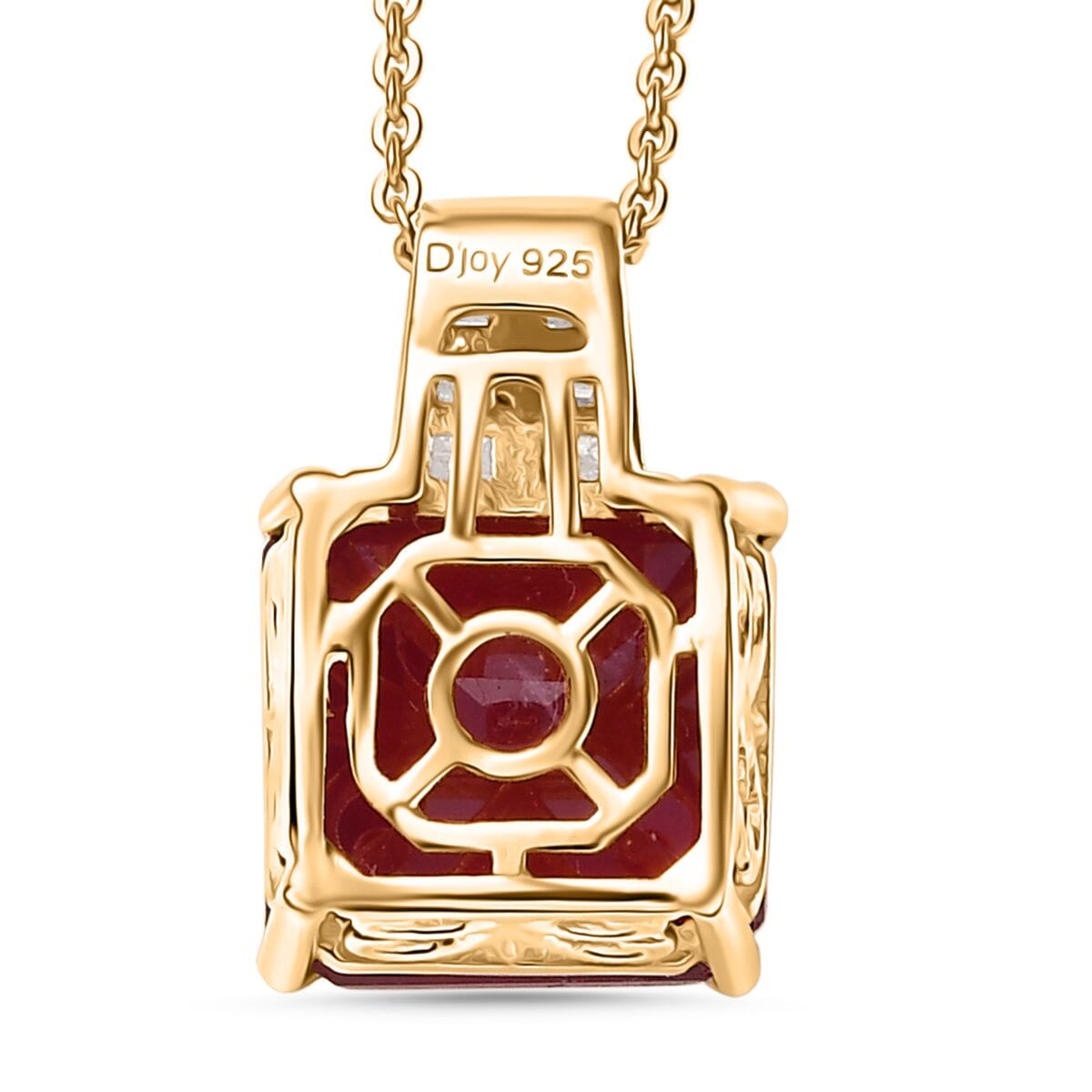 D'Joy Asscher Cut Niassa Ruby (FF) and Diamond 7.70 ctw Pendant Necklace 20 Inches in 18K Vermeil Yellow Gold Over Sterling Silver image number 4