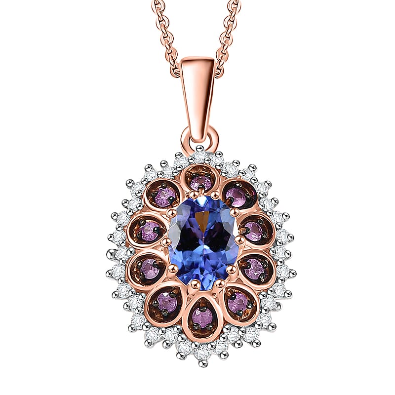 D'Joy Tanzanite and Multi Sapphire 1.25 ctw Pink Blue Lily Flower Pendant Necklace 20 Inches in 18K Vermeil Rose Gold Over Sterling Silver