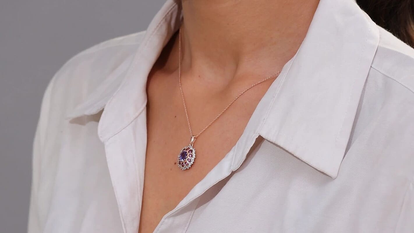 D'Joy Tanzanite and Multi Sapphire 1.25 ctw Pink Blue Lily Flower Pendant Necklace 20 Inches in 18K Vermeil Rose Gold Over Sterling Silver