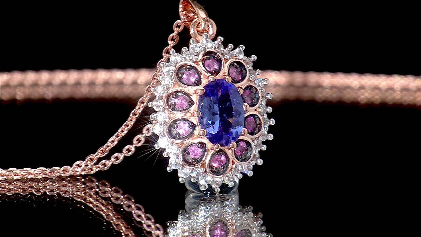 D'Joy Tanzanite and Multi Sapphire 1.25 ctw Pink Blue Lily Flower Pendant Necklace 20 Inches in 18K Vermeil Rose Gold Over Sterling Silver