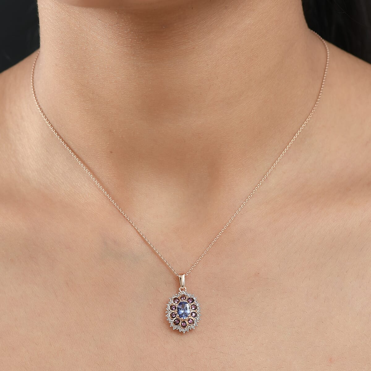 D’Joy Tanzanite and Multi Sapphire 1.25 ctw Pink Blue Lily Flower Pendant Necklace 20 Inches in 18K Vermeil Rose Gold Over Sterling Silver image number 2