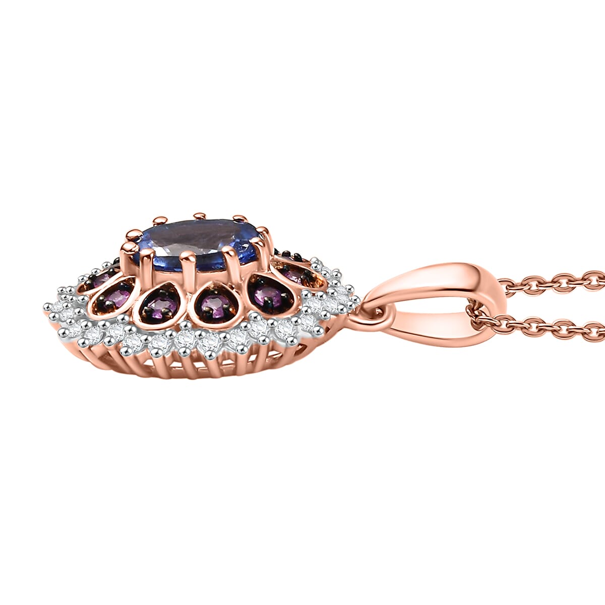 D’Joy Tanzanite and Multi Sapphire 1.25 ctw Pink Blue Lily Flower Pendant Necklace 20 Inches in 18K Vermeil Rose Gold Over Sterling Silver image number 3