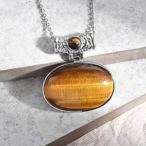 Tigers Eye Pendant 80.50 ctw Necklace (20 Inches) Stainless Steel
