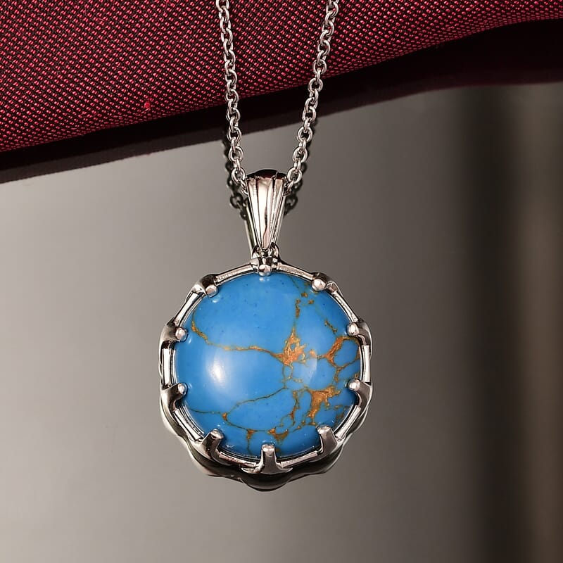 EverTrue Mojave Blue Turquoise 17.50 ctw Pendant in Platinum Bond with Stainless Steel Necklace 20 Inches