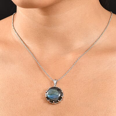 EverTrue Malagasy Labradorite 22.25 ctw Pendant in Platinum Bond with Stainless Steel Necklace 20 Inches