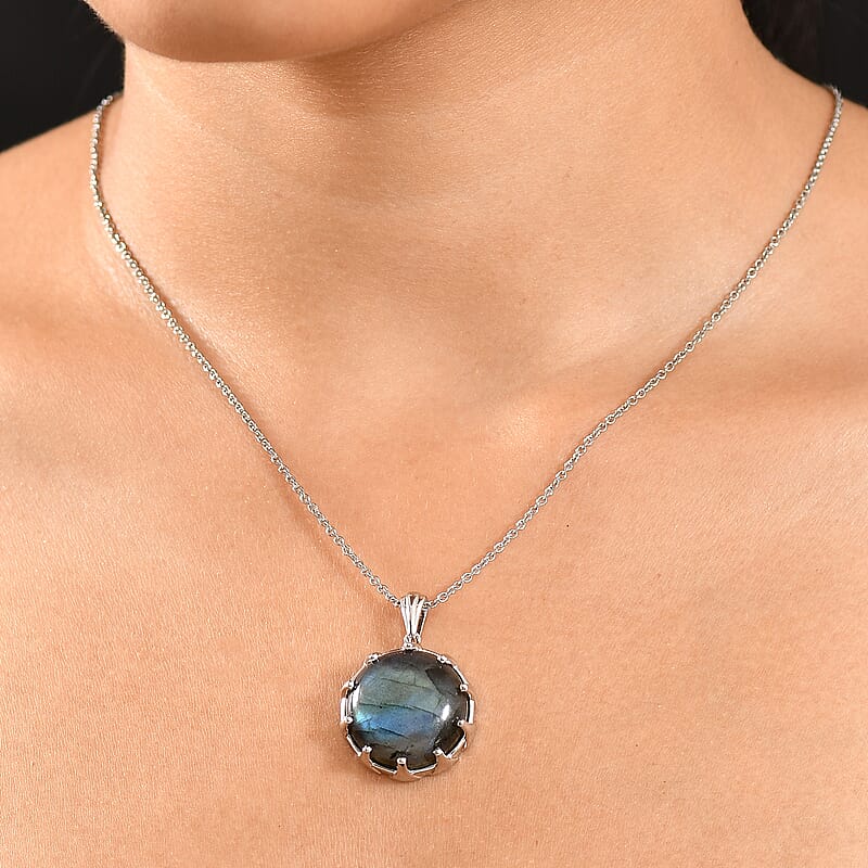 EverTrue Malagasy Labradorite 22.25 ctw Pendant in Platinum Bond with Stainless Steel Necklace 20 Inches