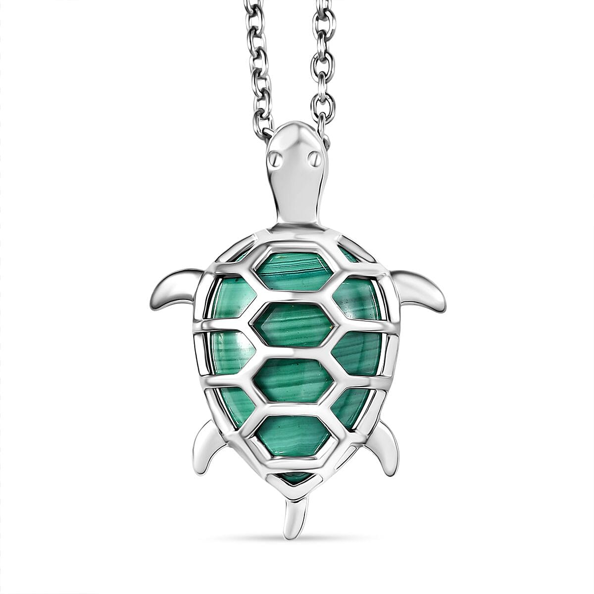 African Malachite 5.85 ctw Turtle Pendant in Platinum Bond with Stainless Steel Necklace (20 Inches)