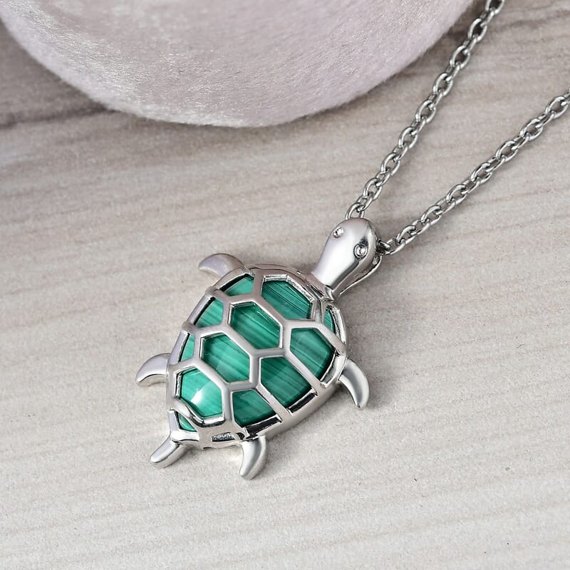 African Malachite 5.85 ctw Turtle Pendant in Platinum Bond with Stainless Steel Necklace (20 Inches)