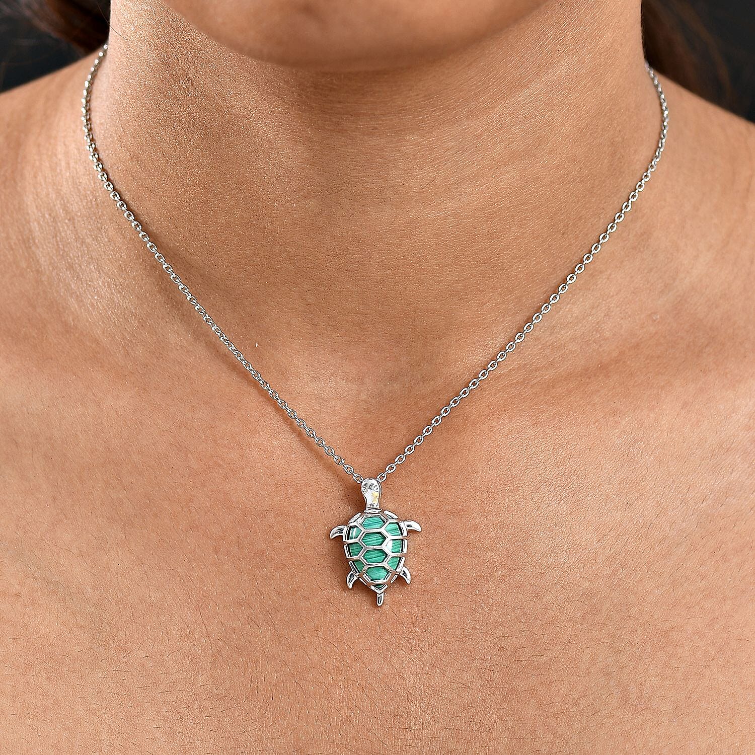 African Malachite 5.85 ctw Turtle Pendant in Platinum Bond with Stainless Steel Necklace (20 Inches)
