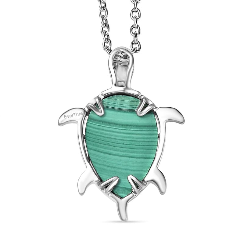 African Malachite 5.85 ctw Turtle Pendant in Platinum Bond with Stainless Steel Necklace (20 Inches)