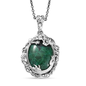 Ever True Chrysocolla and White Zircon 19.25 ctw Dragon's Embrace Pendant in Platinum Bond with Stainless Steel Necklace 20 Inches
