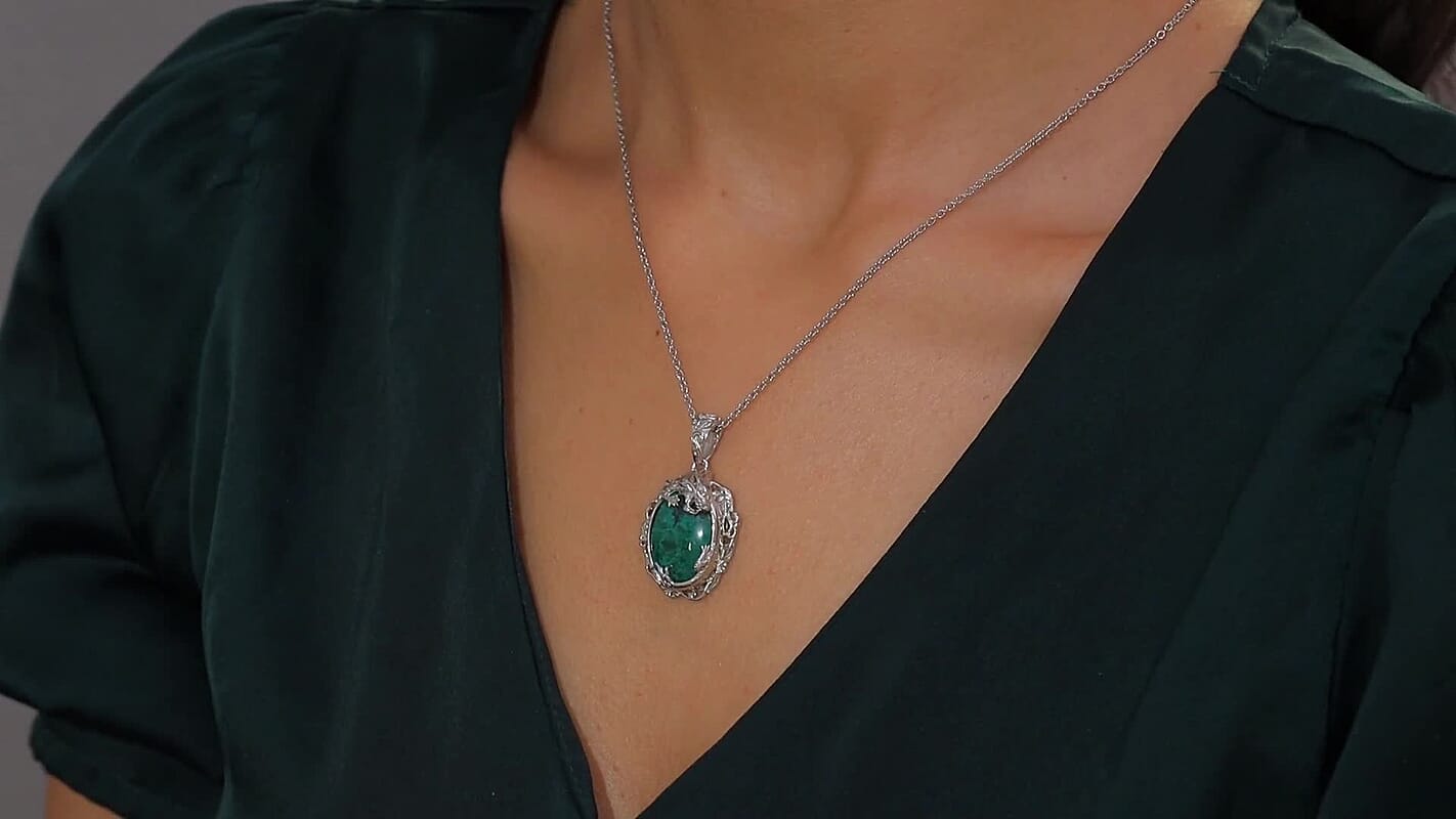 EverTrue Chrysocolla and White Zircon 19.25 ctw Dragon's Embrace Pendant in Platinum Bond with Stainless Steel Necklace 20 Inches