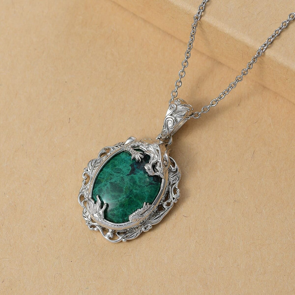 Ever True Chrysocolla and White Zircon 19.25 ctw Dragon's Embrace Pendant in Platinum Bond with Stainless Steel Necklace 20 Inches image number 1