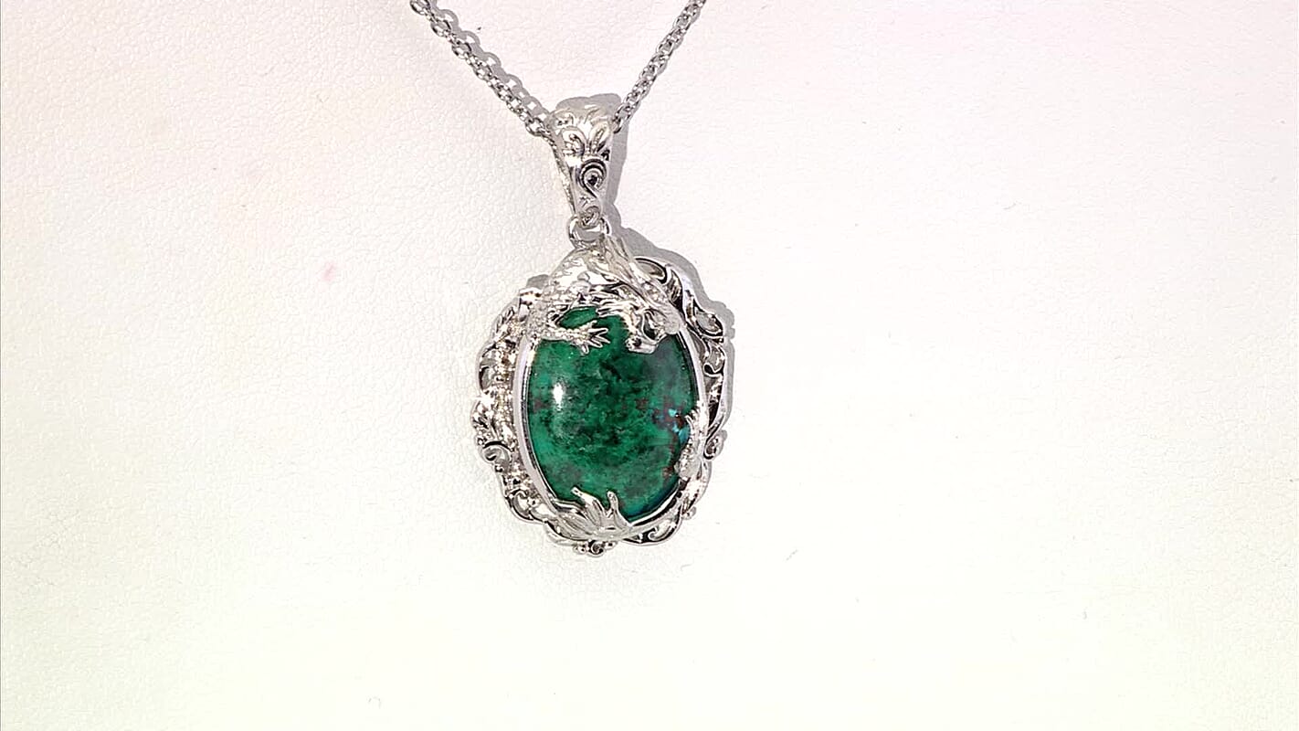 EverTrue Chrysocolla and White Zircon 19.25 ctw Dragon's Embrace Pendant in Platinum Bond with Stainless Steel Necklace 20 Inches